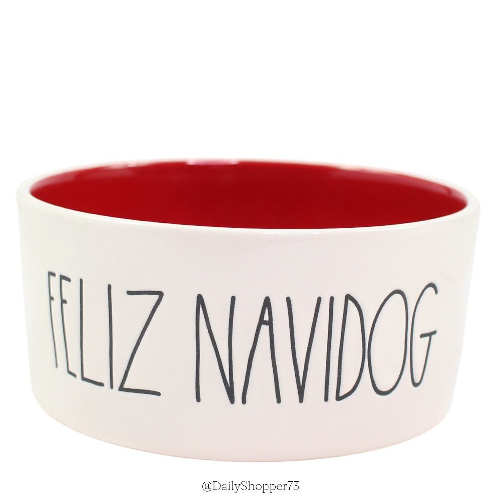 Rae Dunn "Feliz Navidog" Rustic Off-White & Red Glazed Ceramic Dog Food Bowl
